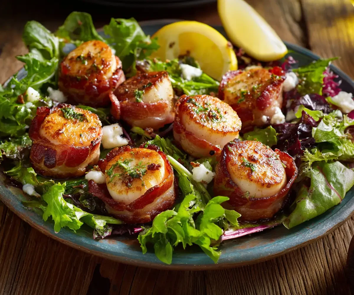 bacon wrapped scallop with salad