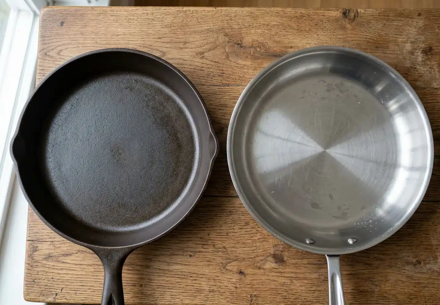 A dark well-seasoned cast iron skillet beside a bright bare stainless steel skillet, both empty, seen from above.