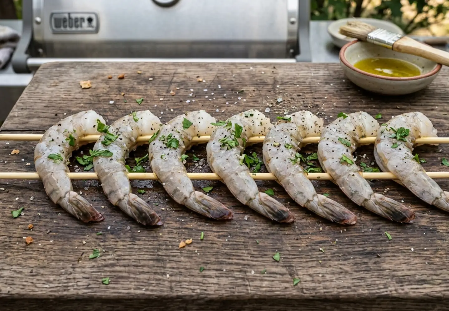 Grilled shrimp prep with double skewer