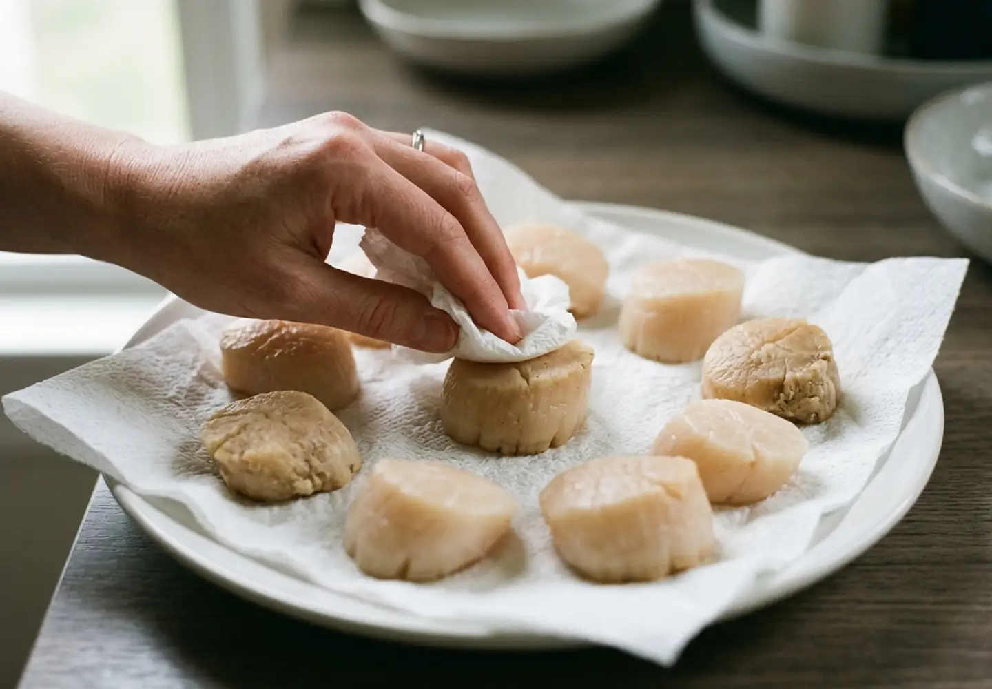 patting scallops dry with paper towel