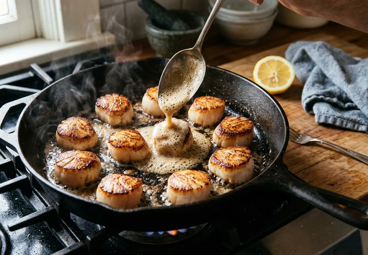 basting scallop in skillet