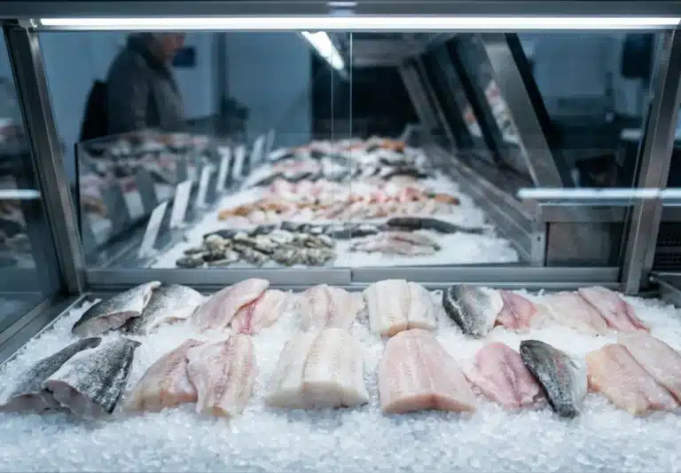 Fish fillets on ice behind glass at a retail counter with a small unreadable card propped among them, the display that prompts the question of why buy frozen fish