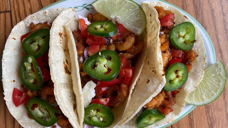 Smoky shrimp tacos with lime yogurt slaw